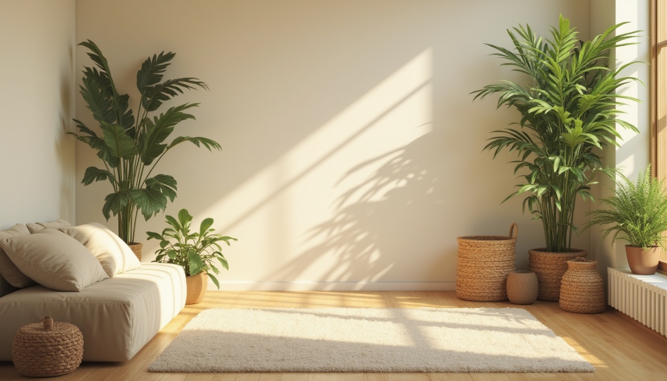 Prompt: Calming healing space, natural materials, wooden floor, cream-colored walls, greenery, lush plants, soft lighting, warm beige couch, velvet pillows, woven basket, earthy tone, organic texture, serene ambiance, peaceful atmosphere, subtle color palette, gentle curves, minimalist decor, spa-like setting, relaxing mood, meditative vibe, 3/4 composition, shallow depth of field, soft focus, calming colors.