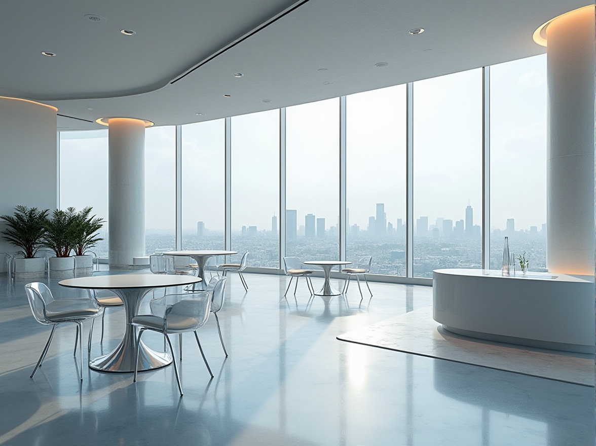 Prompt: Modern design, plastic material, futuristic, sleek lines, metallic accents, transparent glass tables, ergonomic chairs, minimalist decoration, floor-to-ceiling windows, city skyline view, daytime, soft natural light, shallow depth of field, 3/4 composition, product showcase, innovative textures, reflective surfaces, subtle gradient effects.