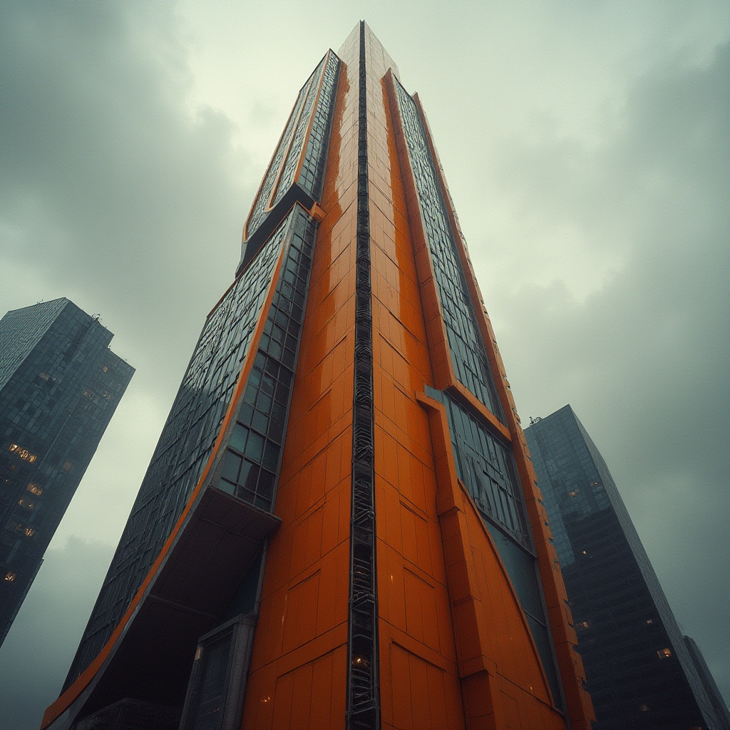 Prompt: Tangerine colored, brutalist skyscraper, geometric shape, metallic structure, concrete texture, urban cityscape, futuristic atmosphere, angular lines, vibrant orange hue, glass windows, steel beams, modern architecture, abstract composition, dramatic lighting, cinematic mood, bird's eye view, low-angle shot, overcast sky, moody clouds.