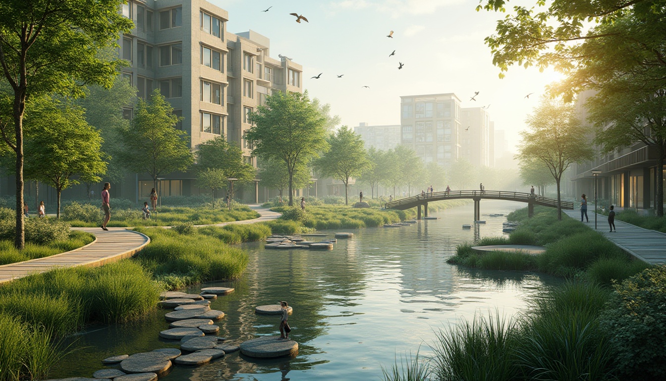 Prompt: Urban wetland design, modern city, green architecture, natural habitat, birds flying overhead, lush greenery, serene water features, stepping stones, wooden bridges, walking trails, educational signs, benches for relaxation, morning mist, warm sunlight, soft focus, shallow depth of field, vibrant colors, realistic textures.