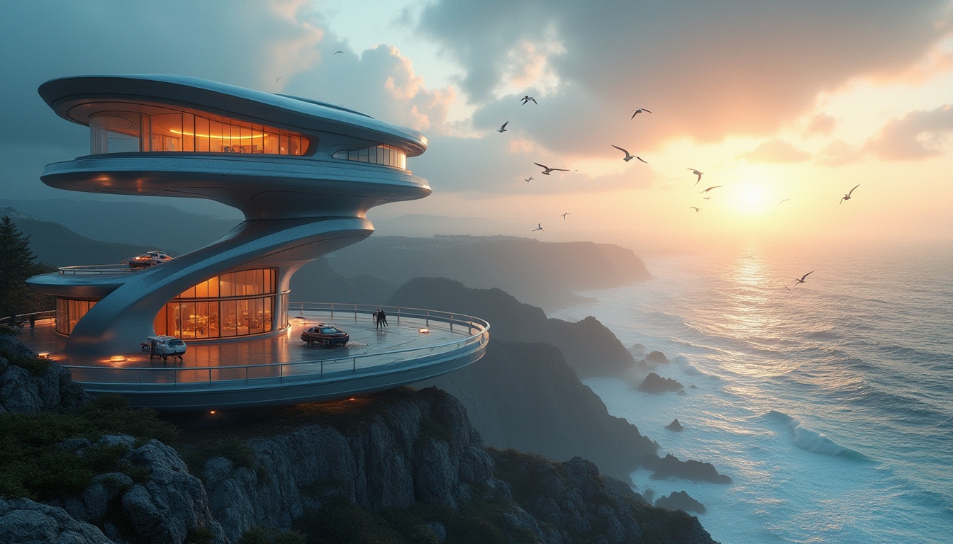 Prompt: Futuristic coastal watching towers, modern architecture, sleek curves, metallic materials, LED lights, panoramic ocean views, glass floors, minimalist interior design, high-tech surveillance systems, advanced weather monitoring equipment, emergency response facilities, rescue helicopters landing pads, rugged cliffs, crashing waves, seagulls flying overhead, misty morning atmosphere, dramatic sunset lighting, cinematic composition, 3/4 view, low-angle shot.