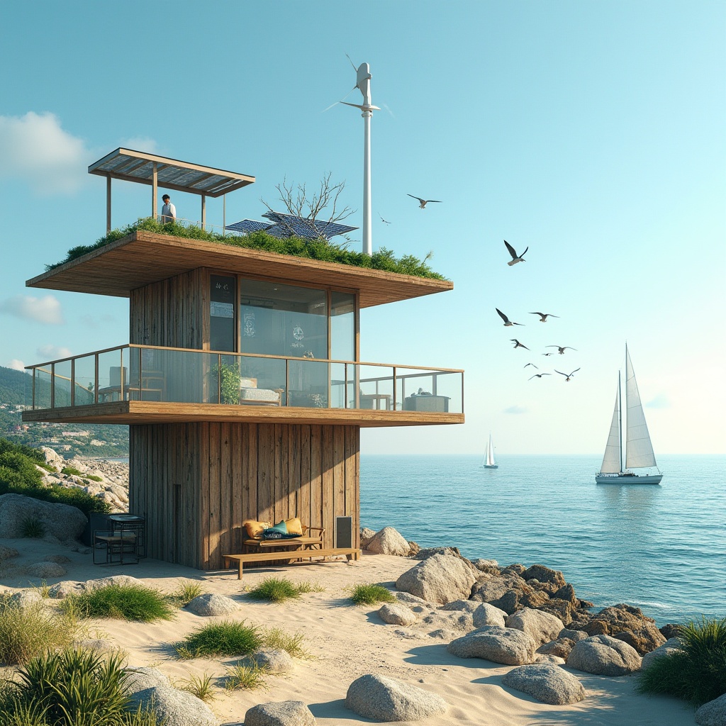 Prompt: Sustainable watching tower, coastal scenery, ocean view, modern minimalist architecture, eco-friendly materials, reclaimed wood, solar panels, green roof, wind turbine, recycling symbol, educational signs, interactive exhibits, observation deck, binoculars, comfortable seating, natural colors, beachy atmosphere, gentle sea breeze, seagulls flying overhead, sailboats in the distance, rocky shoreline, driftwood, seaweed, shells, sunny day, clear blue sky, panoramic view, 3/4 composition, warm lighting.