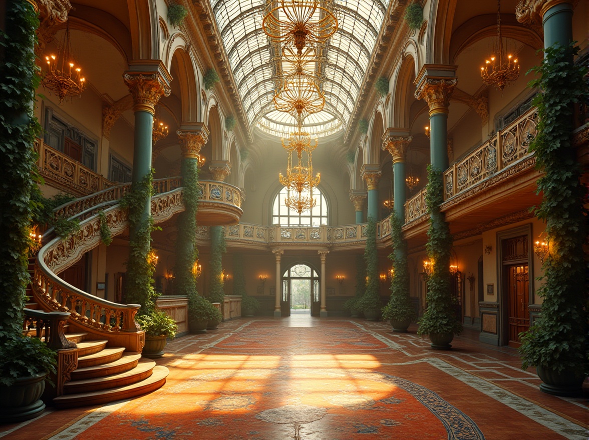 Prompt: Art Nouveau style, gymnasium interior, ornate ironwork, curved lines, flowing organic forms, luxurious chandeliers, stained glass ceiling, warm wooden floors, intricate mosaics, grand staircase, sweeping archways, elegant balconies, lush greenery, vines crawling up columns, soft warm lighting, afternoon sunbeams, dramatic shadows, 3/4 composition, symmetrical framing, Renaissance-inspired details, opulent textiles, richly patterned rugs.