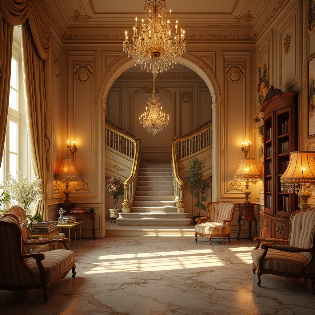 Prompt: Classic interior, luxurious, vintage decor, intricate moldings, crystal chandeliers, ornate mirrors, velvet drapes, marble flooring, grand staircases, warm golden lighting, soft shadows, ambient glow, table lamps with silk shades, floor lamps with carved wooden bases, pendant lights with crystals, wall sconces with floral patterns, candlelight, warm beige walls, rich wood furniture, comfortable armchairs, classic literature books on shelves.