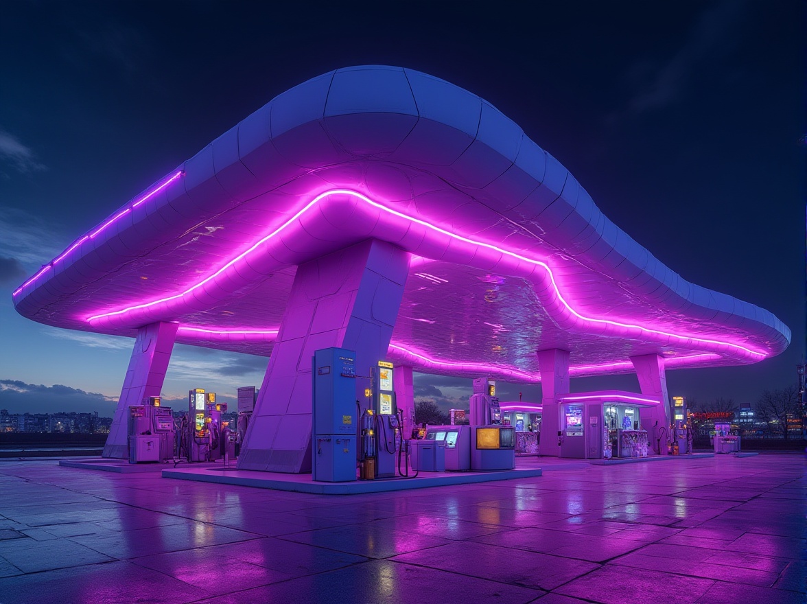 Prompt: Bold gas station, futuristic architecture, purple exterior walls, neon signs, angular lines, metallic materials, glossy finish, LED lights, modern pumps, sleek canopy, urban cityscape, night scene, dramatic shadows, high contrast, cinematic composition, low-angle shot, vibrant purple hue.