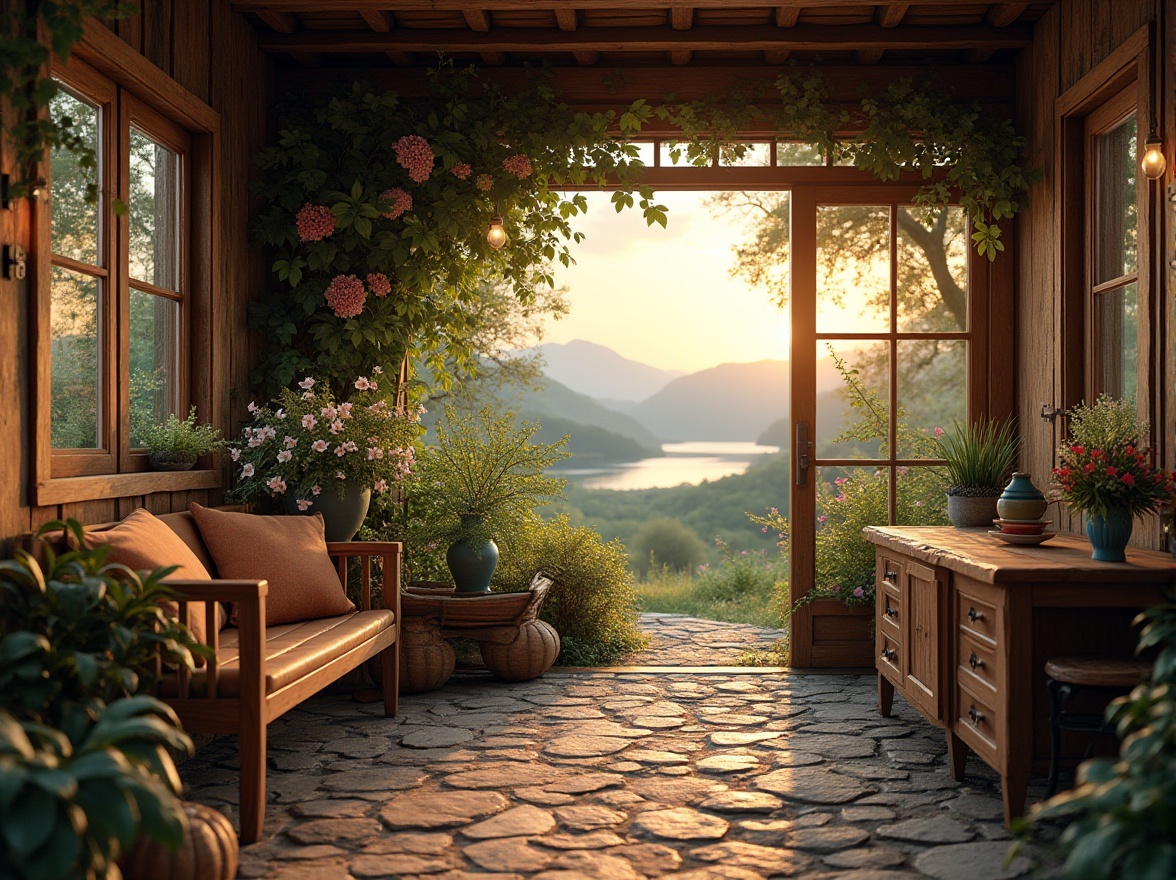 Prompt: Rural scenery, blending design with nature, peaceful atmosphere, countryside, wooden cottage, vines crawling up walls, flowers blooming on windowsills, overgrown gardens, meandering stone paths, lanterns hanging from trees, warm sunset lighting, soft focus, shallow depth of field, natural textures, earthy tones, cozy interior, rustic furniture, vintage decorations, wildflowers in vases, large windows with countryside views, rolling hills, distant mountains, serene lake in the background, misty morning atmosphere.