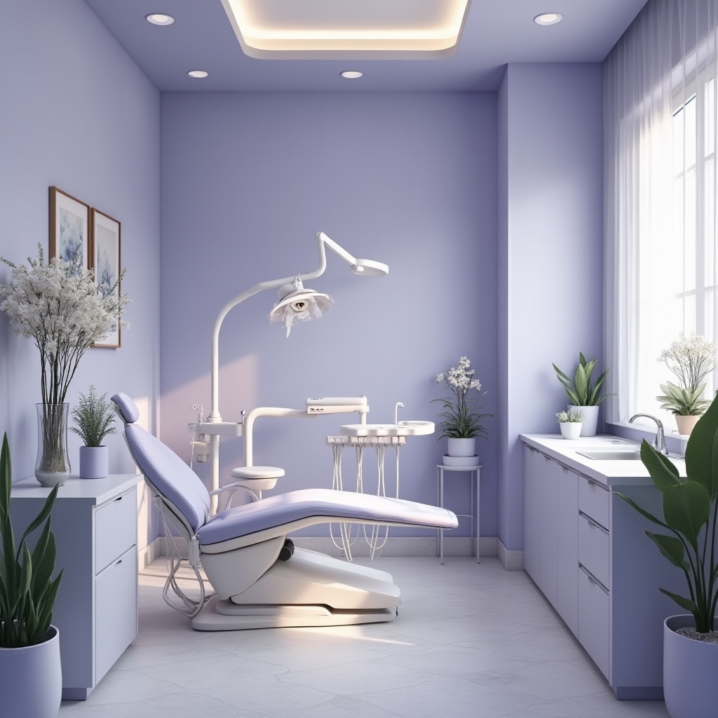 Prompt: Dental space, calming atmosphere, lavender blue walls, soft lighting, gentle curves, minimalist furniture, sleek lines, modern dental chair, stainless steel equipment, plants with white flowers, subtle wood accents, natural stone flooring, peaceful ambiance, soft focus, warm color tone, 3/4 composition, shallow depth of field, relaxing mood.