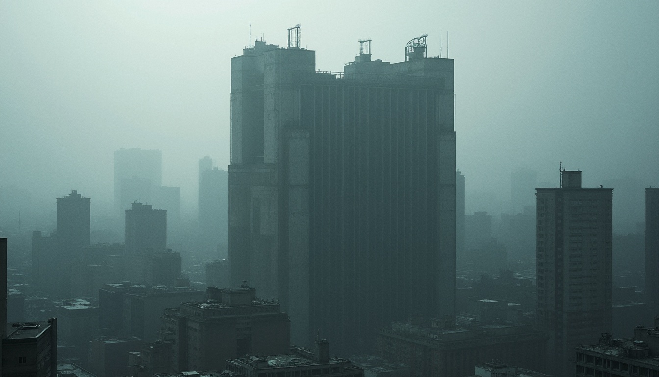 Prompt: Brutalist skyscraper, concrete jungle, urban landscape, geometric shapes, rugged textures, raw concrete, industrial materials, fortress-like structure, monumental scale, dramatic lighting, bold shadows, cityscape, metropolitan atmosphere, dense fog, misty morning, low-angle shot, cinematic composition, gritty realism, atmospheric perspective.