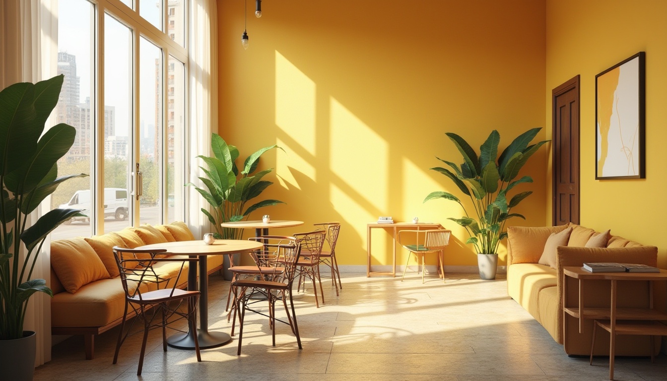 Prompt: Bright commercial interior, modern minimalist style, impact of light yellow color, calming ambiance, warm soft lighting, large windows, sleek wooden tables, metal chairs, comfortable couches, potted plants with green leaves, natural stone flooring, abstract art pieces on walls, urban cityscape view outside, morning sunlight streaming in, shallow depth of field, 3/4 composition, soft focus, gentle atmosphere.