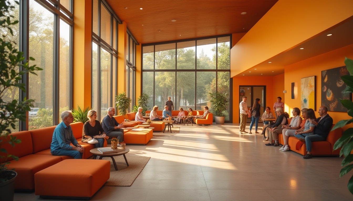 Prompt: Vibrant community center, tangerine color scheme, modern architecture, glass windows, sleek lines, open spaces, natural light pouring in, people from diverse age groups interacting, laughing, and chatting, comfortable seating areas with orange cushions, wooden tables, green plants, abstract art pieces on walls, warm atmosphere, afternoon sunlight, shallow depth of field, 3/4 composition, soft focus, cinematic lighting.