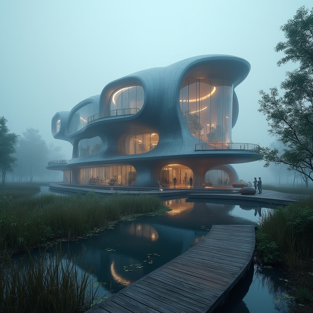 Prompt: Futuristic, postmodern bank building, wetland surroundings, innovative architecture, irregular shapes, curved lines, metallic materials, reflective glass, neon lights, ambient lighting, misty atmosphere, water features, aquatic plants, reeds, cattails, wooden boardwalks, meandering paths, serene environment, 3/4 composition, low-angle shot, cinematic mood, HDR effect.