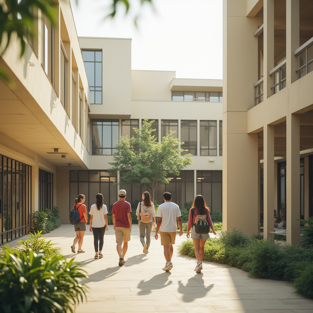 Prompt: Beige school building, modern architecture, minimalist design, clean lines, rectangular shape, large windows, glass doors, beige concrete walls, subtle texture, soft natural light, calm atmosphere, courtyard with lush greenery, students walking and chatting, backpacks and laptops, casual clothing, warm smiles, relaxed poses, afternoon sunlight, gentle shadows, 3/4 composition, shallow depth of field, soft focus, filmic grain.