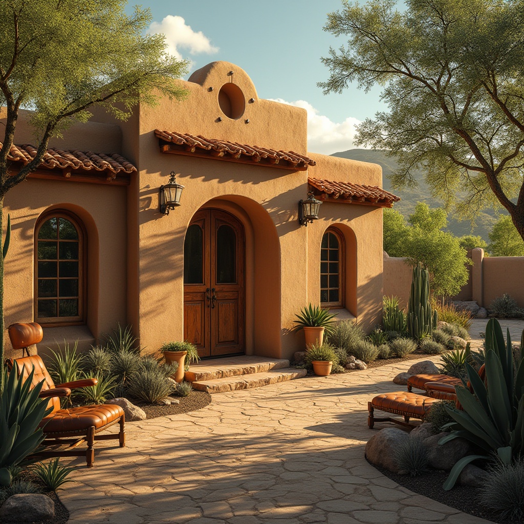 Prompt: Adobe-style building, southwestern US desert landscape, rustic wooden doors, arched windows, earthy color scheme, stucco walls, red-tiled roof, lush greenery surroundings, mature trees providing shade, meandering stone pathways, desert flora cacti, warm golden lighting, low-angle sunlight casting long shadows, serene ambiance, natural material textures, vintage medical equipment, distressed wooden furniture, worn leather armchairs, earth-toned ceramic tiles, ambient warm color palette, cinematic composition.