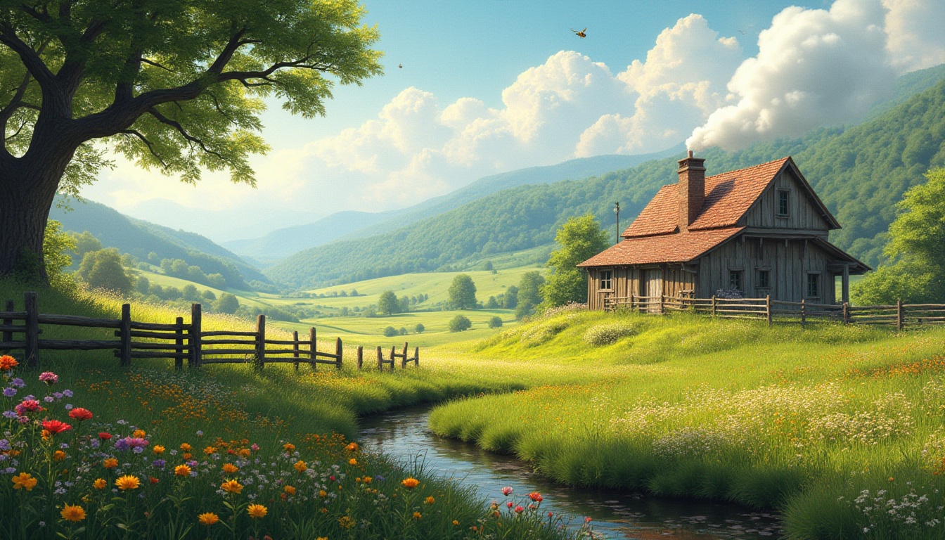 Prompt: Rural landscape, serene atmosphere, lush green grasslands, rolling hills, rustic wooden fences, traditional farmhouse, chimney puffing white smoke, surrounded by blooming wildflowers, vibrant colors, bee flying around, old oak tree with twisted branches, gentle stream running through the valley, sunny day, soft warm light, 3/4 composition, depth of field, realistic, cinematic mood, idyllic scenery, peaceful ambiance.