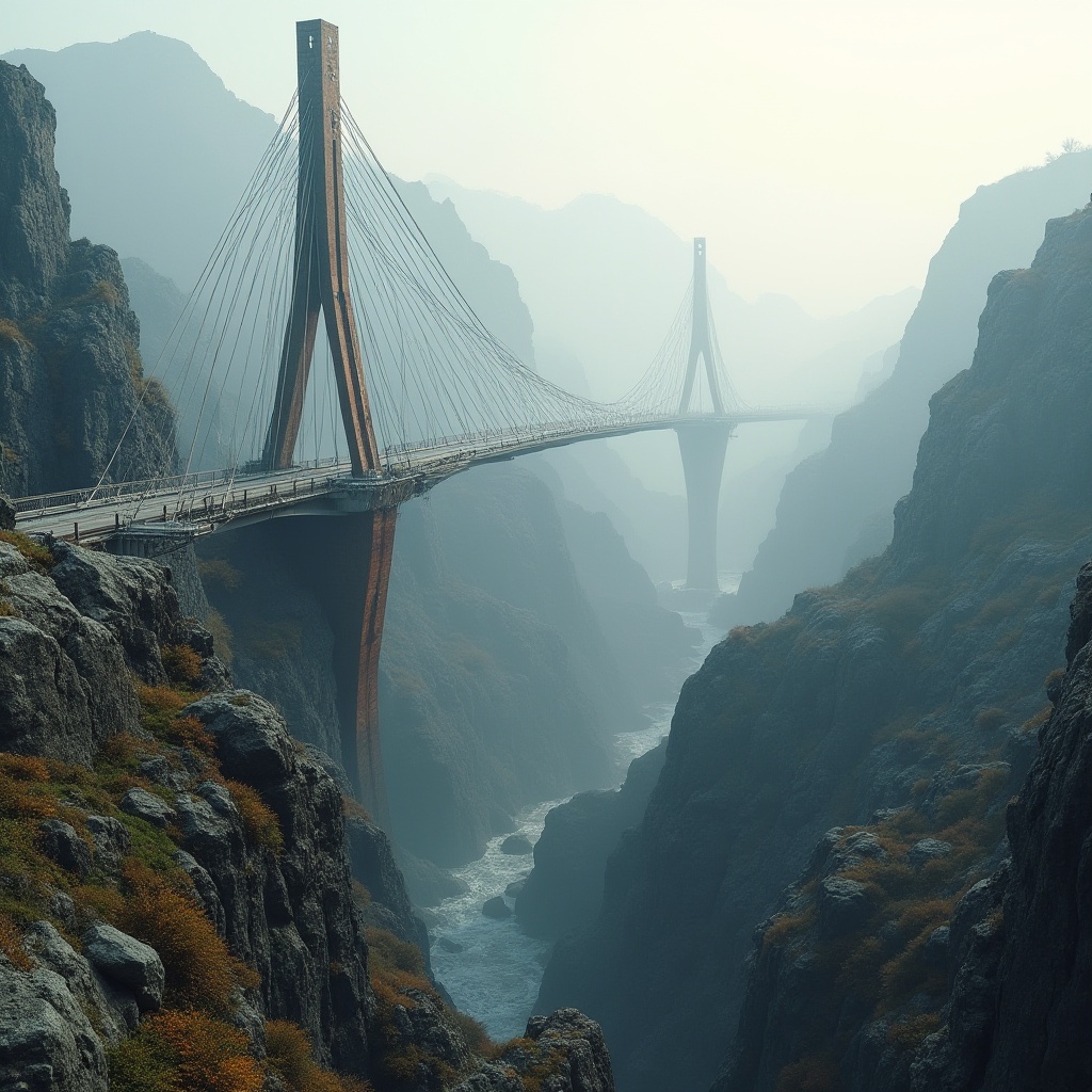 Prompt: Plateau landscape, designing bridges, futuristic architecture, steel structure, suspension cables, roadway, pedestrian walkway, mountainous terrain, rugged rocks, sparse vegetation, misty atmosphere, dramatic lighting, low-angle shot, cinematic composition, majestic vista, sweeping curves, modern materials, sleek lines, angular shapes, rust-colored steel, weathered wood accents, misty morning, soft focus, atmospheric perspective.