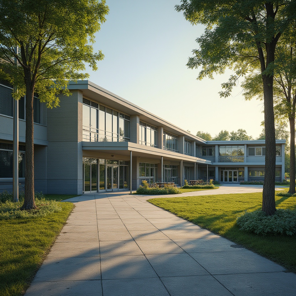 Prompt: Modern high school, vernacular architecture style, fiber-cement exterior walls, rectangular shape, sloping roof, rows of windows, glass doors, metal railings, concrete pavement, lush greenery surroundings, tall trees shading the building, warm afternoon sunlight casting long shadows, 3/4 composition, soft focus on background, shallow depth of field, vibrant colors, realistic texture, cinematic lighting, ambient occlusion.