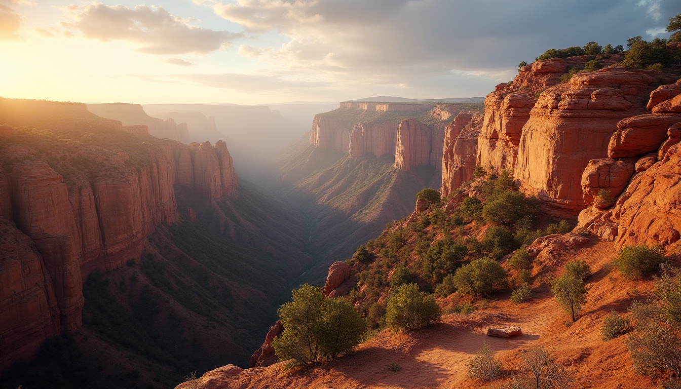 Prompt: Canyon landscape, majestic rocky cliffs, vast open sky, warm golden sunlight, soft shadows, sparse trees, unique rock formations, winding hiking trails, serene atmosphere, 3/4 composition, panoramic view, dramatic depth of field, cinematic lighting, late afternoon, warm color palette.