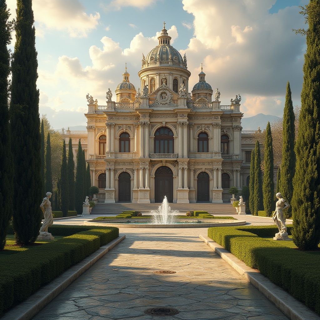 Prompt: Grand, ornate palace, Renaissance-style, Florence-inspired, intricate stone carvings, ornamental columns, arched windows, domed roof, lavish fountains, statues of mythological figures, manicured lawns, surrounded by tall cypress trees, warm afternoon sunlight, soft shadows, 3/4 composition, dramatic lighting, cinematic atmosphere.