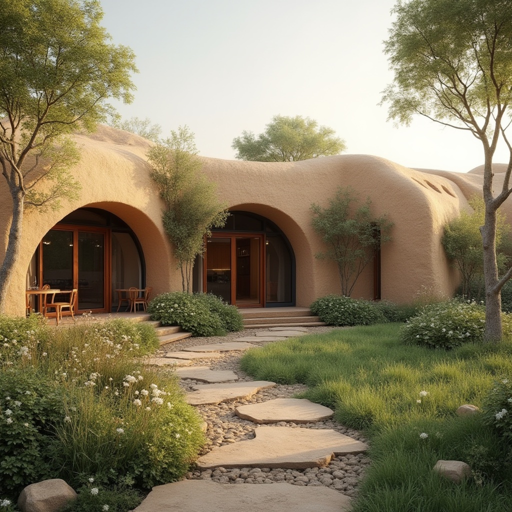 Prompt: Earthy tone, natural texture, rammed earth material, sustainable building, eco-friendly, green architecture, modern villa, curved lines, rustic style, overhanging eaves, large windows, minimal decoration, wooden doors, stone pathway, lush greenery surroundings, blooming flowers, serene atmosphere, warm soft light, cinematic composition, shallow depth of field.