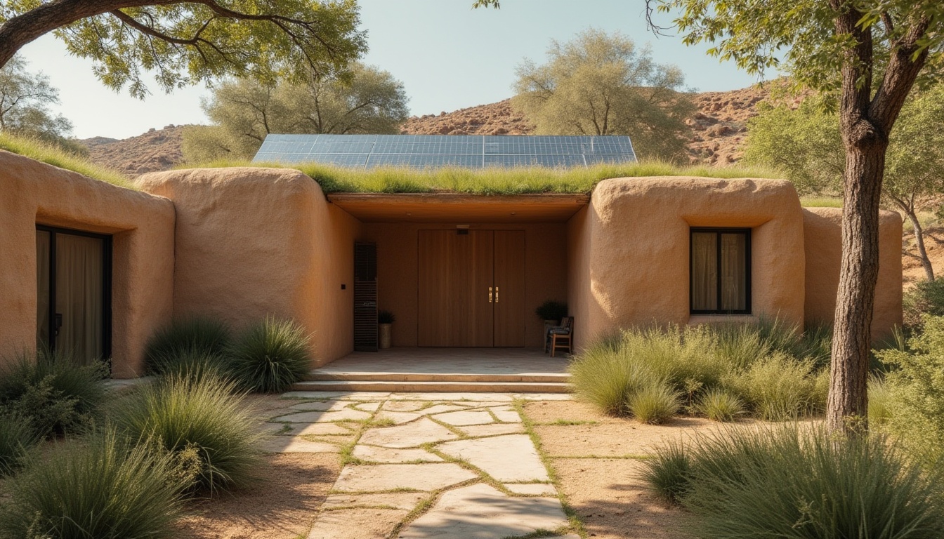 Prompt: Natural scenery, earthy tone, rammed earth material, modern architecture, sustainable building, villa, residential area, green roof, solar panels, wooden door, concrete floor, minimalist interior design, natural lighting, warm atmosphere, 3/4 composition, low-angle shot, soft focus, ambient light, cinematic mood, eco-friendly concept.