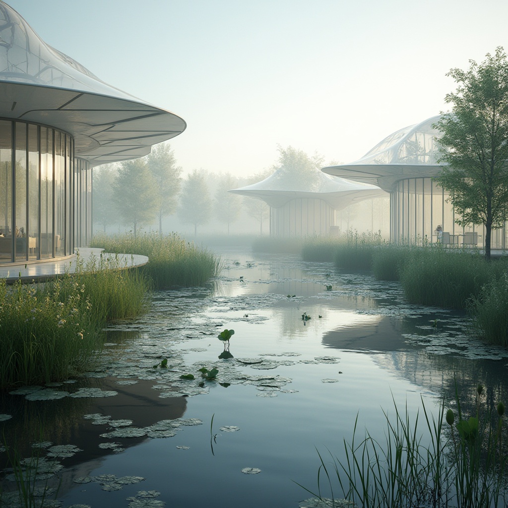 Prompt: Wetland landscape, serene atmosphere, polycarbonate structures, transparent roofs, modern architecture, sleek lines, reflective surfaces, water features, lily pads, cattails, misty morning, soft natural light, shallow focus, 3/4 composition, subtle color palette, eco-friendly design, sustainable materials, futuristic feel, abstract reflections, rippled water effect.