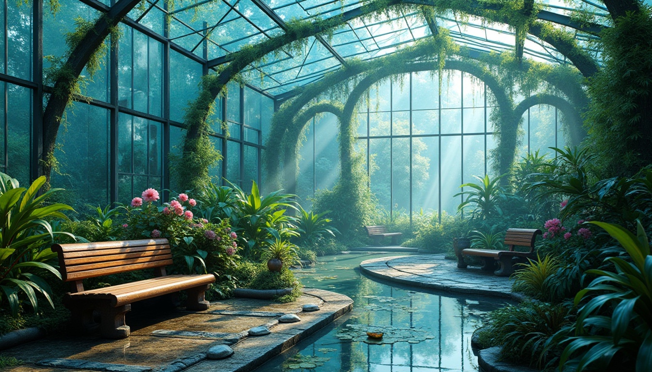 Prompt: Cerulean blue greenhouse, futuristic architecture, transparent glass walls, steel frames, lush greenery, vines crawling up walls, exotic flowers blooming, soft natural light filtering through, warm misty atmosphere, water features, small pond with lily pads, wooden benches surrounded by tropical plants, intricate stone pathways, ambient soft lighting, 3/4 composition, panoramic view, morning dew, serene ambiance.