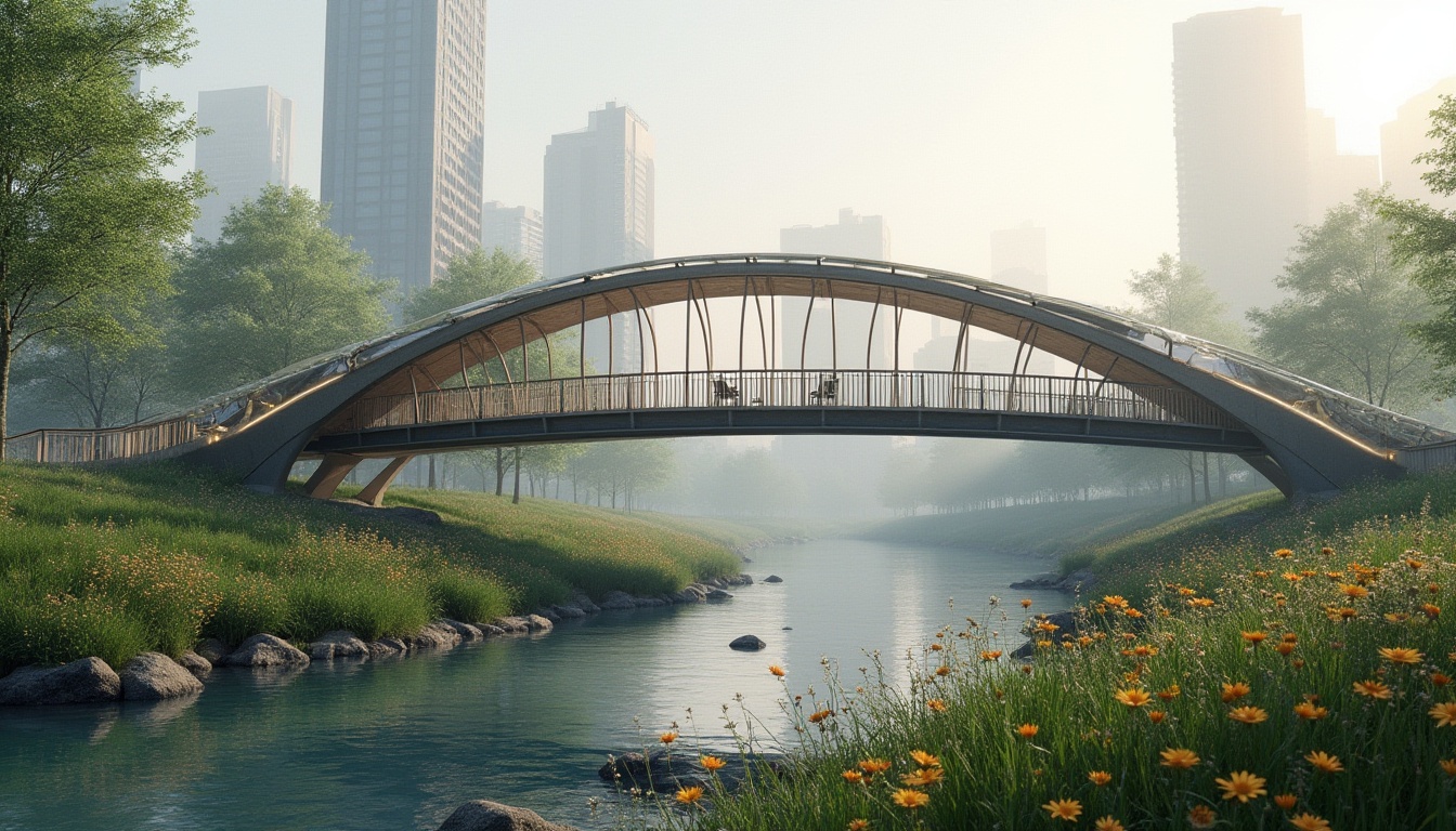 Prompt: Modern pedestrian bridge, sustainable design, eco-friendly materials, steel structure, wooden deck, green roofs, solar panels, LED lighting, gentle curves, minimalist aesthetic, urban landscape, cityscape, morning fog, soft natural light, 3/4 composition, shallow depth of field, vibrant greenery, wildflowers blooming, gentle water flow, peaceful ambiance.