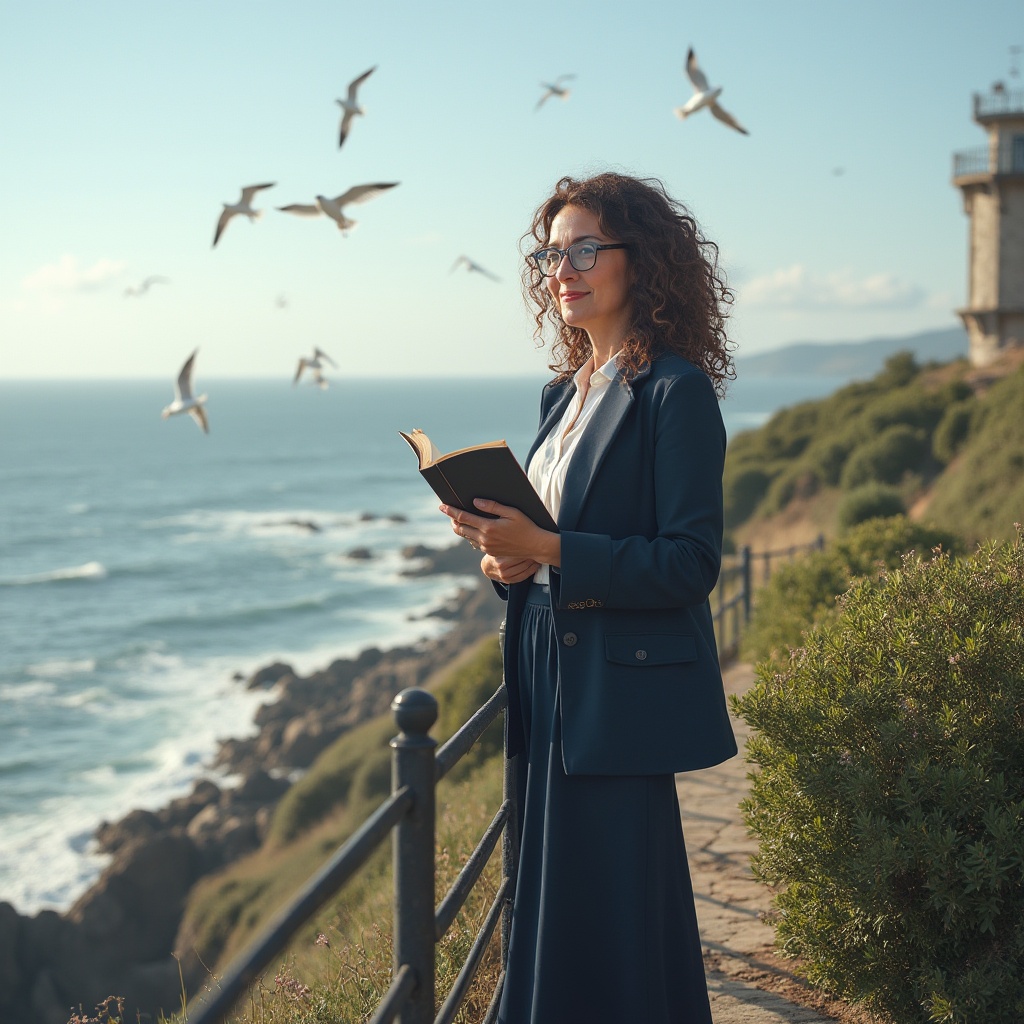 Prompt: Mature lady, professor, solo, (30yo), curly brown hair, glasses, gentle smile, elegant makeup, white blouse, dark blue jacket, long skirt, high heels, holding a book, standing, leaning on railing, watching tower, coastal scenery, sunny day, clear sky, seagulls flying overhead, waves crashing against the shore, rugged coastline, stone path, lush greenery, distant sailboats, warm soft lighting, 3/4 composition, cinematic atmosphere.