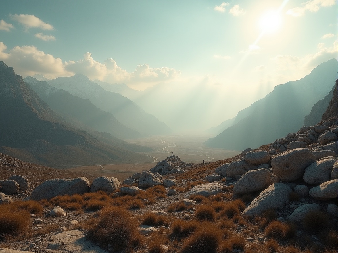 Prompt: High-altitude plateau landscape, rugged terrain, sparse vegetation, unique rock formations, misty atmosphere, wispy clouds, distant snow-capped mountains, serene ambiance, vast emptiness, solo figure in distance, warm sunlight casting long shadows, natural textures, earthy tones, atmospheric perspective, panoramic view, cinematic composition, 3/4 shot, dramatic lighting.