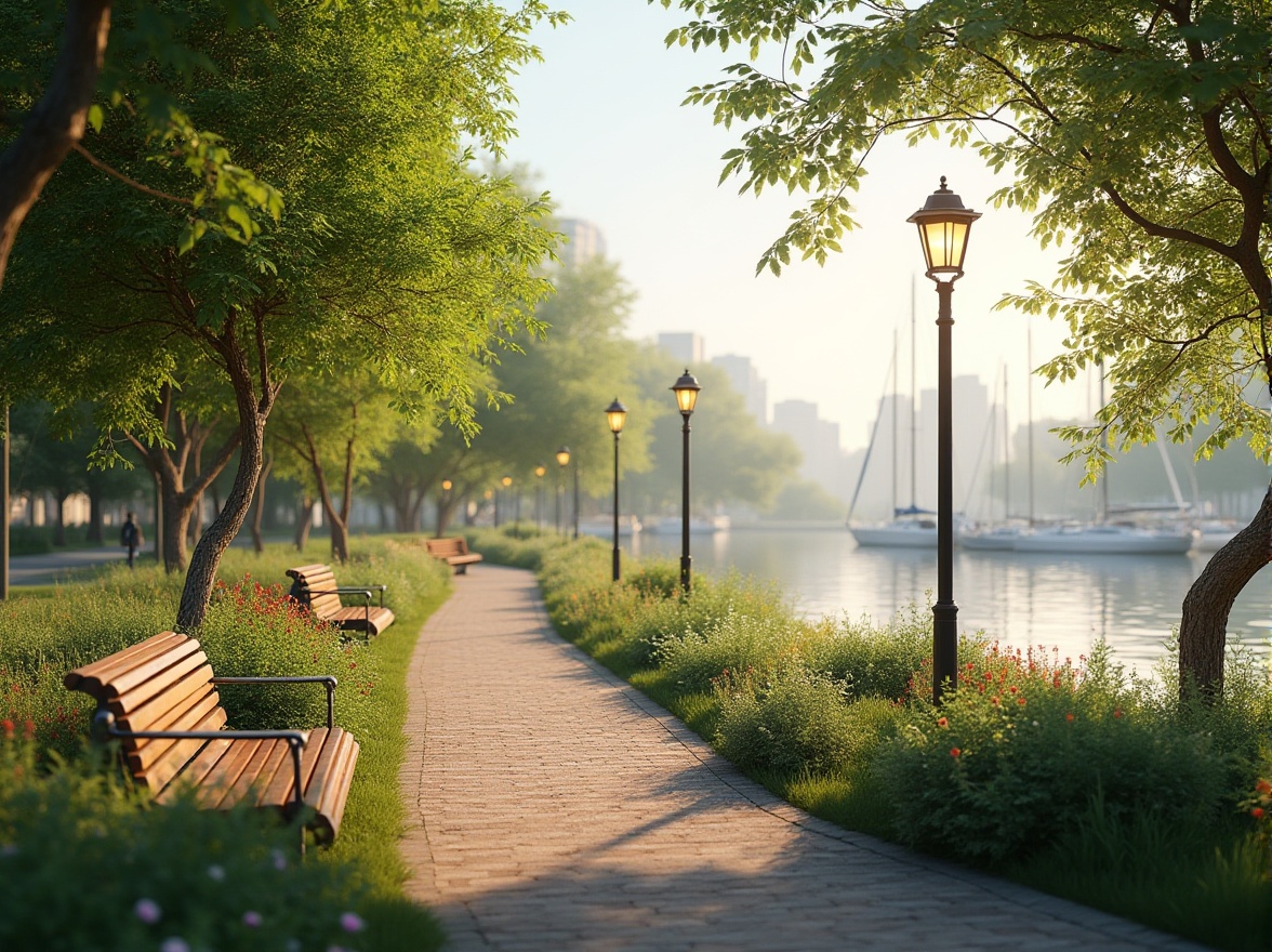 Prompt: Riverbank case study, successful revitalization project, tranquil atmosphere, lush greenery, vibrant flowers, meandering pedestrian path, wooden benches, modern street lamps, serene water reflection, sailboats docked, distant cityscape, warm sunlight, soft misty atmosphere, 3/4 composition, naturalistic color palette, depth of field, cinematic lighting.