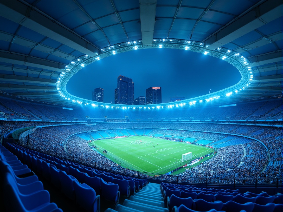 Prompt: Modern stadium, blue tone exterior walls, sleek lines, geometric shapes, LED lights, night game atmosphere, urban cityscape background, towering skyscrapers nearby, bustling streets, vibrant blue seats, blue and white striped jerseys, football players in action, dynamic movement, low-angle shot, dramatic lighting, misty evening air, 3/4 composition.