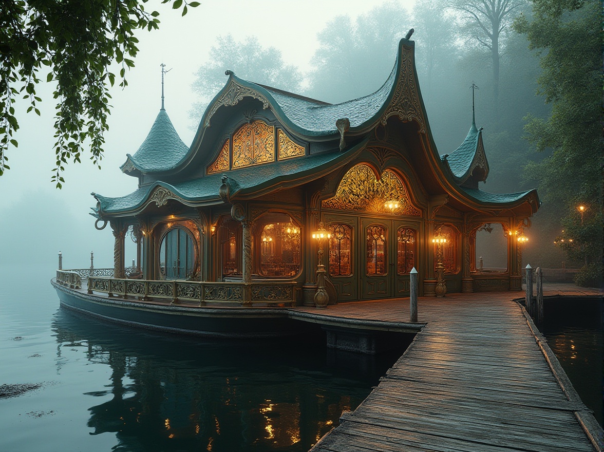 Prompt: Ornate boathouse, Art Nouveau style, luxurious, curved lines, flowing organic forms, sinuous whiplash motifs, botanical ornaments, stylized floral patterns, intricate metalwork, ornamental iron gates, stained glass windows, asymmetrical composition, waterfront, misty morning, soft warm lighting, vibrant colors, reflections on the water, wooden dock, lush greenery surroundings, vintage nautical elements, distressed wood texture, elegant, sophisticated atmosphere.