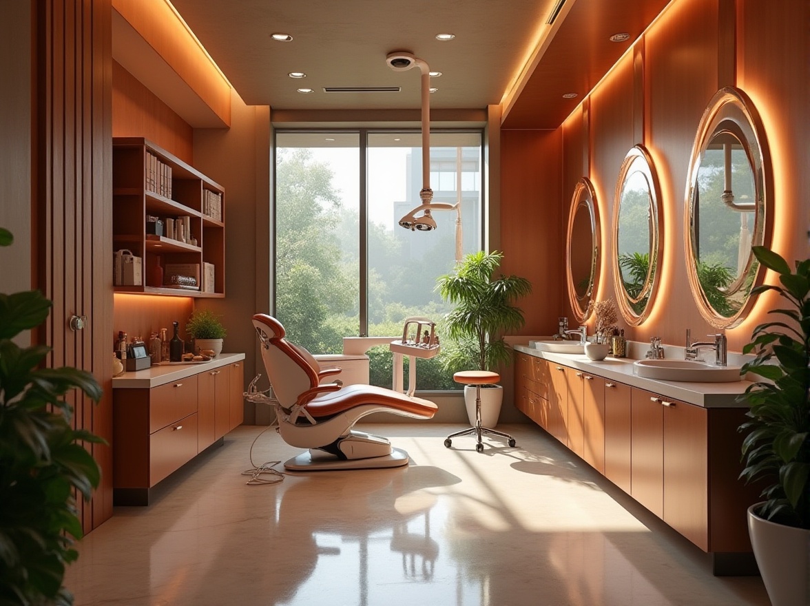 Prompt: Copper infused dental clinic interior, modern architecture, sleek lines, polished copper accents, copper oxide walls, warm soft lighting, minimalist decor, comfortable waiting area, lush green plants, subtle wood tones, dentist chair, futuristic equipment, sterile environment, precise instruments, dentist in white coat, gentle smile, copper trimmed mirrors, ambient atmosphere, high ceiling, natural light pouring in, subtle shadows, 3/4 composition, soft focus.