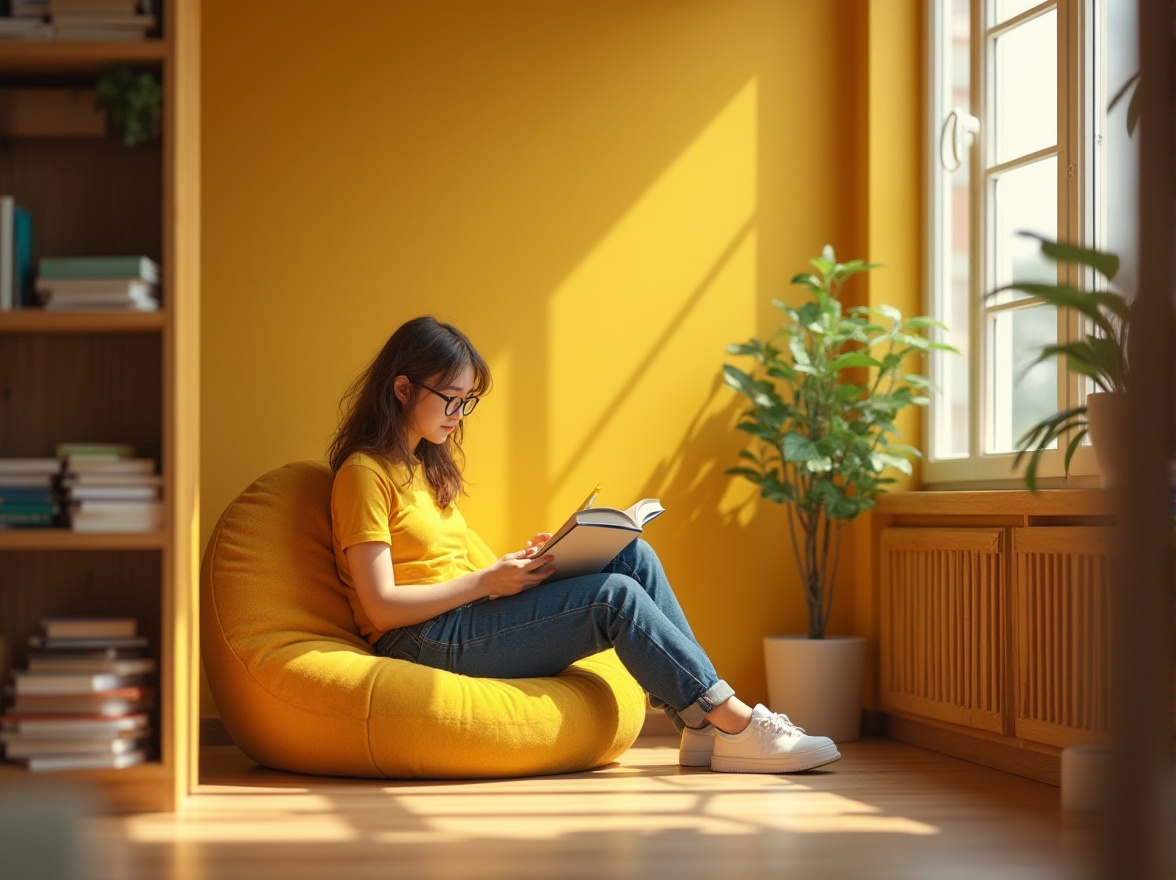 Prompt: Modern library interior, bright yellow accent walls, wooden bookshelves, warm lighting, comfortable reading nook, solo student, 20yo, casual wear, glasses, messy brown hair, holding a yellow highlighter, sitting on a yellow cushion, surrounded by stacked books, a few potted plants, natural light pouring in through large windows, soft shadows, 3/4 composition, shallow depth of field, warm and cozy atmosphere.