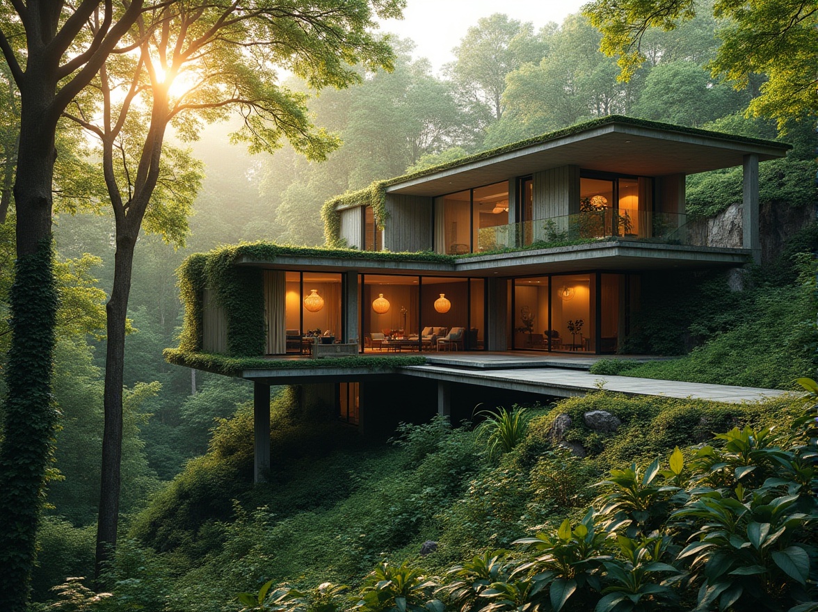 Prompt: Bauhaus-inspired modern villa, integrating nature, surrounded by lush green forest, tall trees, overgrown bushes, vines crawling up walls, large windows, sliding glass doors, minimal ornamentation, clean lines, rectangular shapes, steel beams, concrete floors, wooden accents, natural materials, earthy tones, moss-covered roof, living wall with plants, cantilevered staircase, panoramic view of surrounding landscape, warm sunlight filtering through trees, soft morning light, 3/4 composition, cinematic atmosphere.