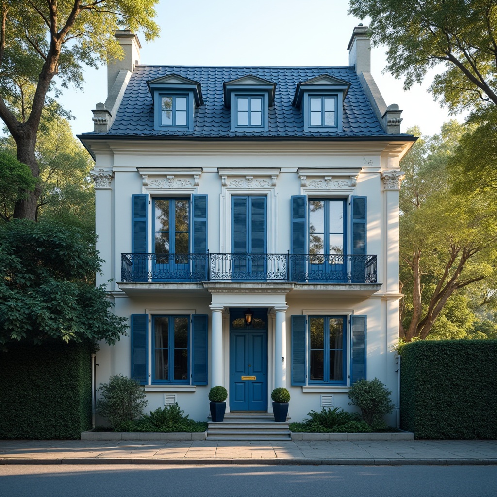 Prompt: Classic residential building, incorporating blue color, European-style facade, grand entrance with columns, ornate details, blue roof tiles, white walls, large windows with blue shutters, elegant balcony with intricate iron railings, lush greenery surrounding the building, a quiet suburban street, soft afternoon sunlight casting a warm glow, 3/4 composition, depth of field, realistic, cinematic lighting.