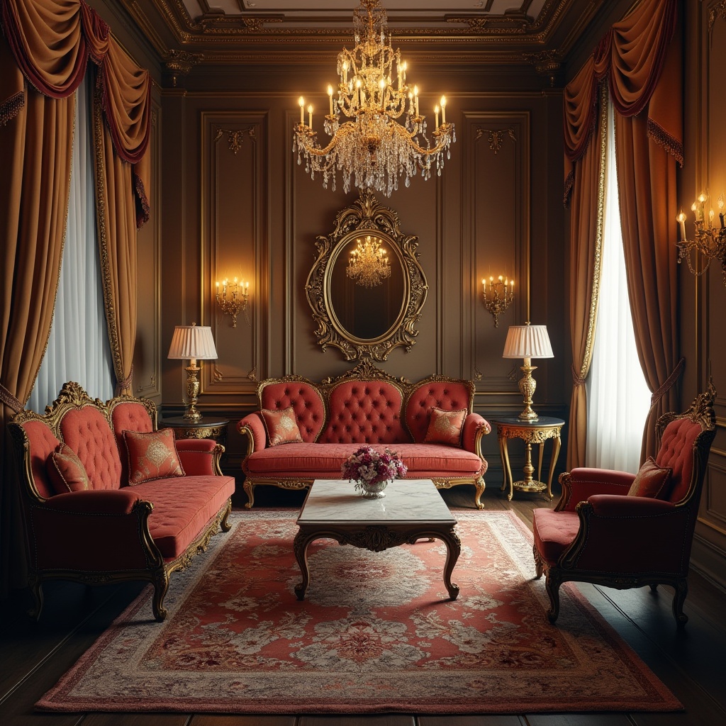 Prompt: Classic interior, luxurious space, Victorian style, ornate wooden furniture, velvet sofa, intricately carved armchair, marble coffee table, crystal chandelier, floor-to-ceiling curtains, golden frame mirror, vintage rug, soft warm lighting, cozy atmosphere, 3/4 composition, depth of field, realistic texture, cinematic ambiance.