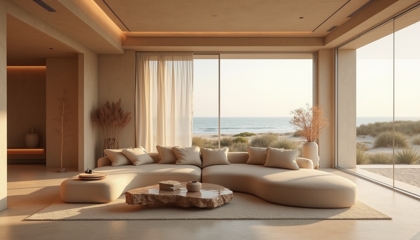 Prompt: Sand-casted materials, luxurious interior design, modern villa, sleek lines, minimalist decor, warm beige walls, sandy textured furniture, rough-hewn wooden accents, glass coffee table, velvet sectional sofa, ambient lighting, floor-to-ceiling windows, panoramic view, coastal landscape, distant dunes, serene atmosphere, soft focus, natural light, 3/4 composition.