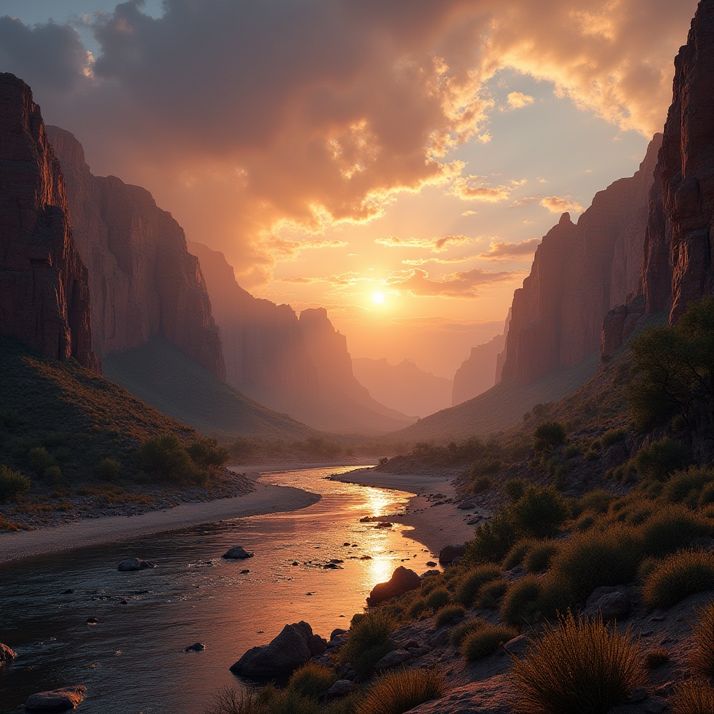 Prompt: Canyon landscape, majestic grandeur, warm sunset light, rocky cliffs, vast desert sky, distant thunderstorm clouds, cacti scattered, winding river flowing through, sandy beach shore, few trees providing shade, ancient ruins in the distance, mysterious atmosphere, 3/4 composition, cinematic panoramic view, vibrant colors, high contrast, dramatic shadows.