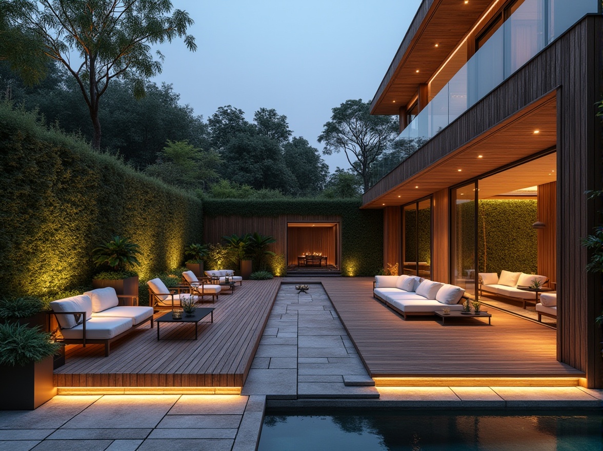 Prompt: Modern outdoor living space, luxurious villa, backyard, wooden deck, sleek glass railing, minimalist chairs, sectional sofas, coffee tables, potted plants, vertical garden, stone pavement, LED floor lighting, warm ambiance, evening atmosphere, soft focus, shallow depth of field, panoramic view, 3/4 composition, cinematic mood.