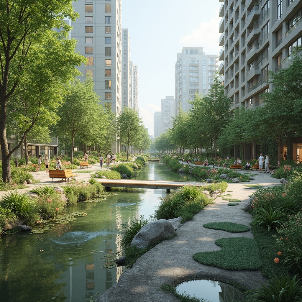 Prompt: Urban wetland design, modern city, natural habitat, serene atmosphere, lush greenery, tranquil water features, walking paths, benches, birdwatching, diverse wildlife, native plants, flowers blooming, eco-friendly infrastructure, sustainable urban planning, green architecture, innovative drainage system, pollution reduction, flood control, biodiversity conservation, educational signage, community engagement, panoramic view, soft natural lighting, 3/4 composition.