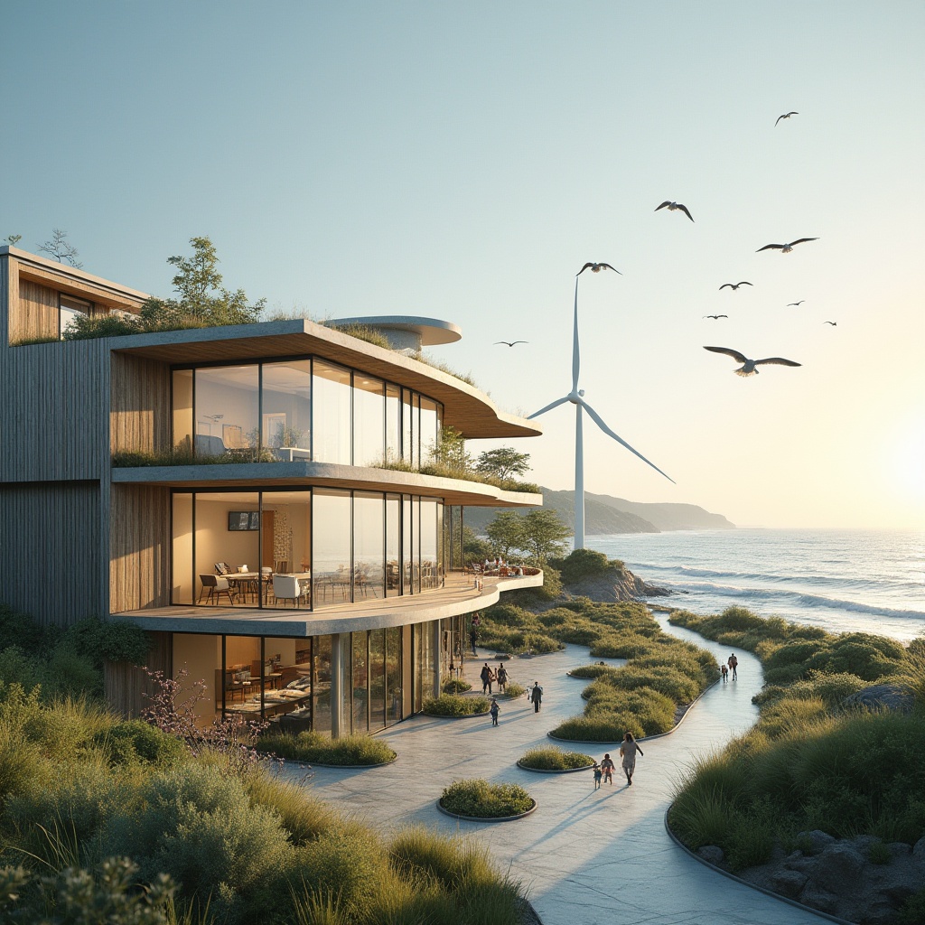 Prompt: Coastal healthcare facility, modern architecture, large windows, natural light, ocean views, recycled materials, energy-efficient systems, green roofs, solar panels, wind turbines, minimalist decor, calming colors, wooden accents, plants, coastal walkways, beachside, morning sunlight, gentle breeze, seagulls flying overhead, soft focus, shallow depth of field, warm color tone, cinematic composition.