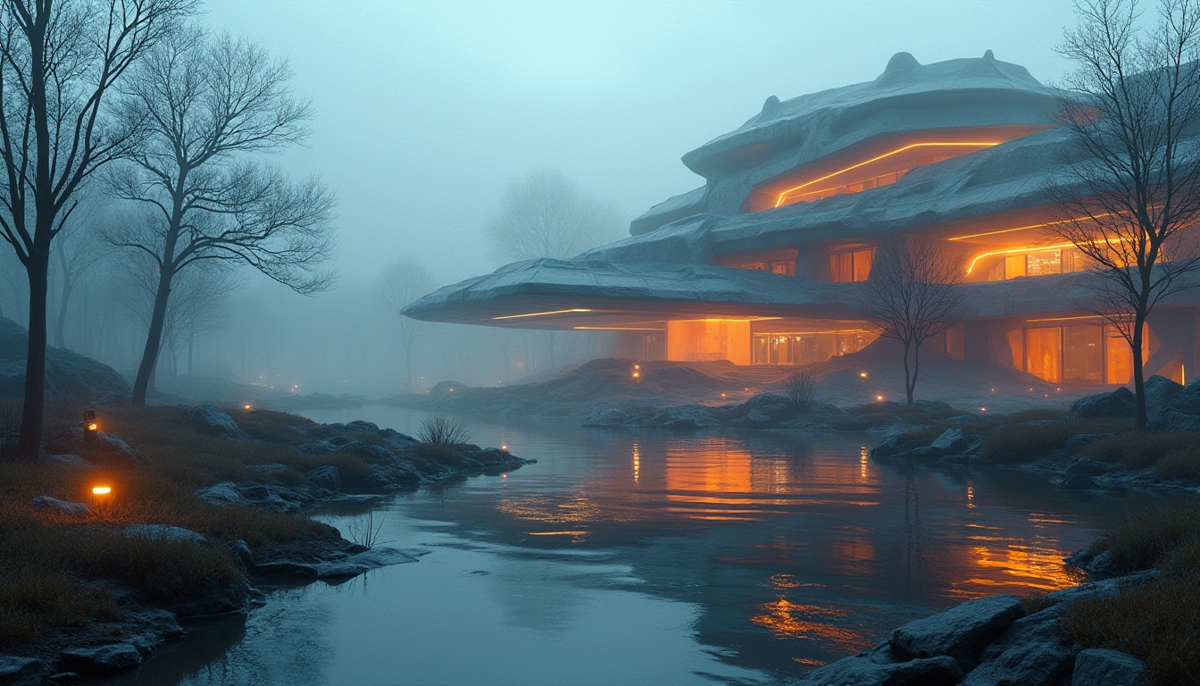 Prompt: Wetland, futuristic bank, postmodern architecture, deconstructivist style, irregular shapes, fragmented forms, bold colors, reflective surfaces, LED lights, curved lines, abstract sculptures, avant-garde design, eerie atmosphere, misty morning, low-angle shot, cinematic composition, dramatic lighting, shallow depth of field, futuristic tone, 3D rendering, high-tech materials.