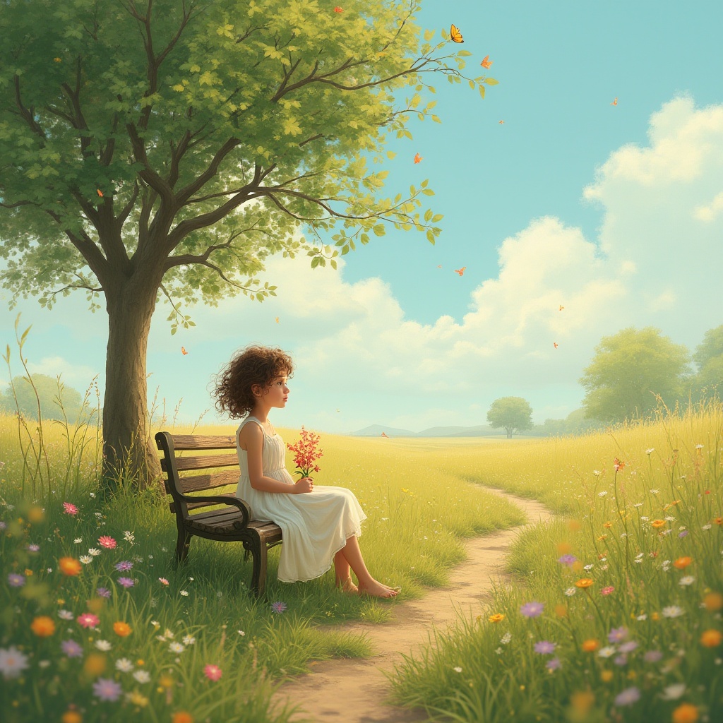 Prompt: Serene meadow scene, warm sunny afternoon, gentle breeze rustling wildflowers, various colors blooming, soft green grass swaying, a few fluffy white clouds drifting lazily across the blue sky, a winding dirt path disappearing into the distance, a lone tree standing tall with intricate branches, a wooden bench nestled in its shade, a few butterflies fluttering around, a girl, 18yo, sweet smile, gentle eyes, curly brown hair, light freckles, wearing a flowy sundress, holding a bouquet of wildflowers, sitting on the bench, gazing into the distance, warm soft lighting, shallow depth of field, cinematic composition, peaceful atmosphere.