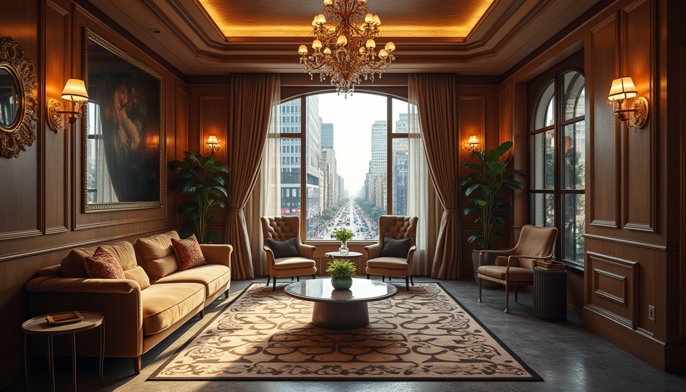 Prompt: Art Deco hostel, luxurious interior, spacious common area, high ceiling, elegant chandelier, geometric patterned rug, comfortable velvet sofas, minimalist coffee table, floor-to-ceiling windows, cityscape view, busy streets, 1920s vibe, metallic accents, ornate mirrors, wooden paneling, warm ambient lighting, soft focus, shallow depth of field.