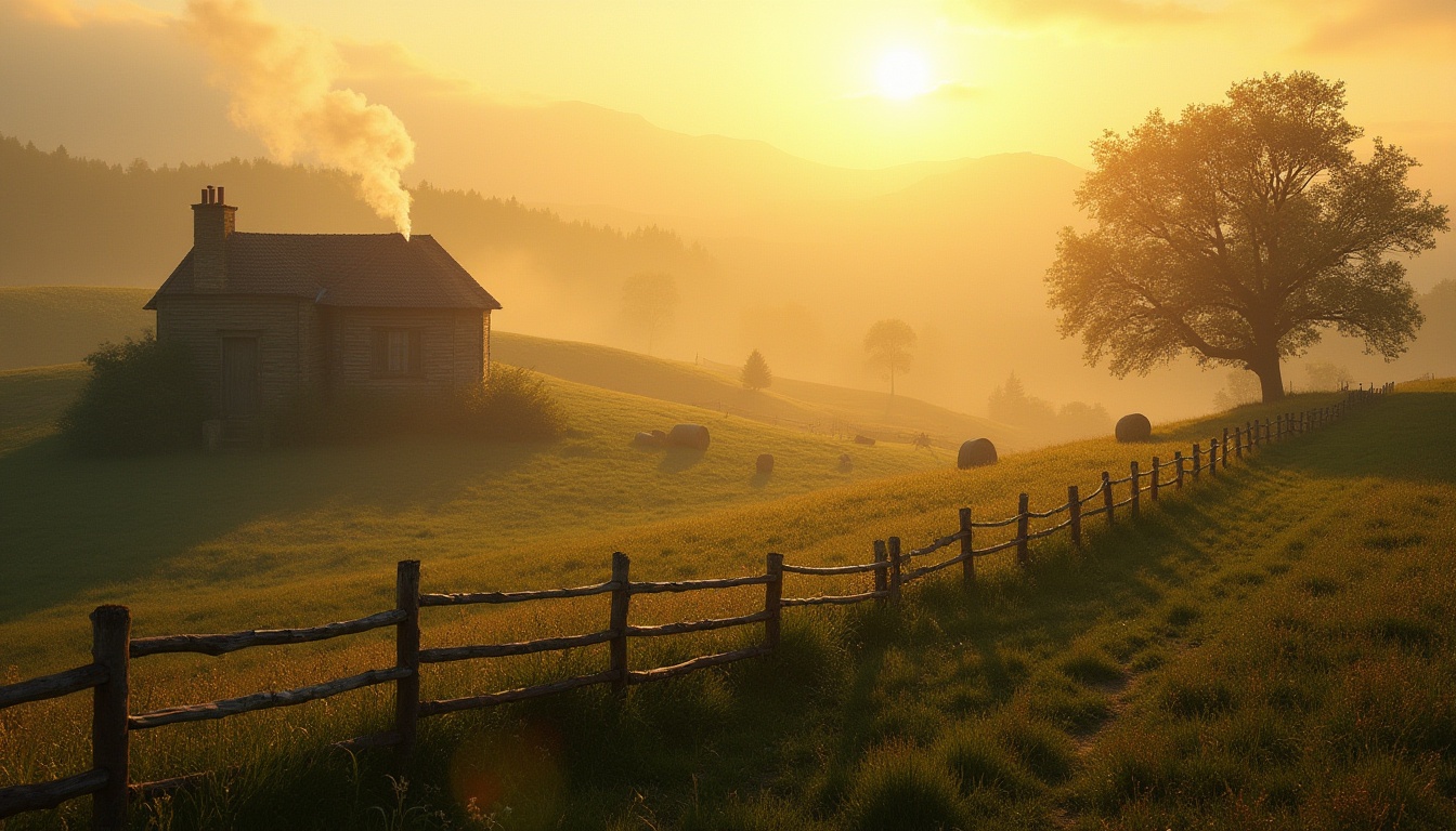 Prompt: rural landscape, cinematic composition, golden hour, warm sunlight casting long shadows, rolling hills, lush green fields, old rustic wooden fence, vintage farmhouse, chimney puffing out white smoke, hay bales scattered around, a solitary tree standing tall, misty atmosphere, soft focus, shallow depth of field, natural textures, earthy tones, peaceful ambiance, serene atmosphere.