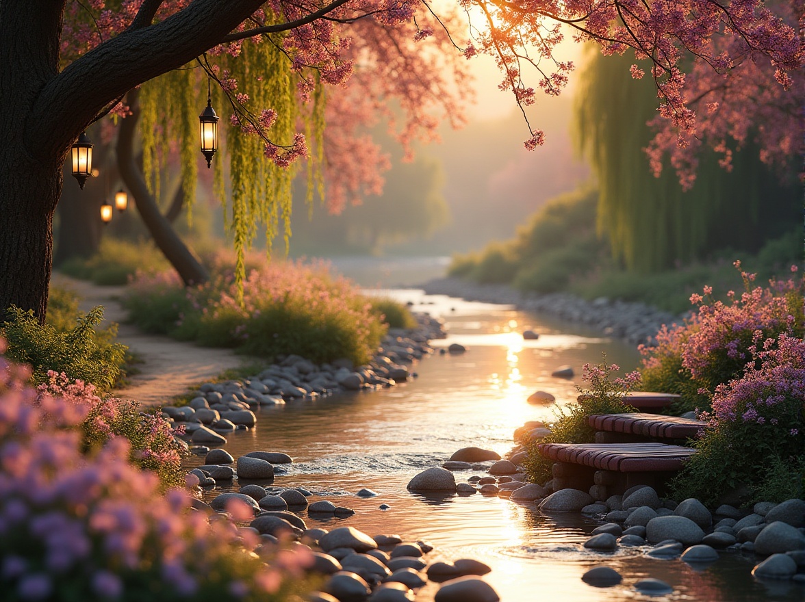 Prompt: Mauve riverbank, warm afternoon sunlight, gentle water flow, mauve-colored stones, lush greenery, weeping willows, blooming purple flowers, a winding dirt path, wooden benches with mauve cushions, vintage lanterns hanging from trees, soft mauve-toned lighting, 3/4 composition, shallow depth of field, serene atmosphere, natural textures, warm color palette.