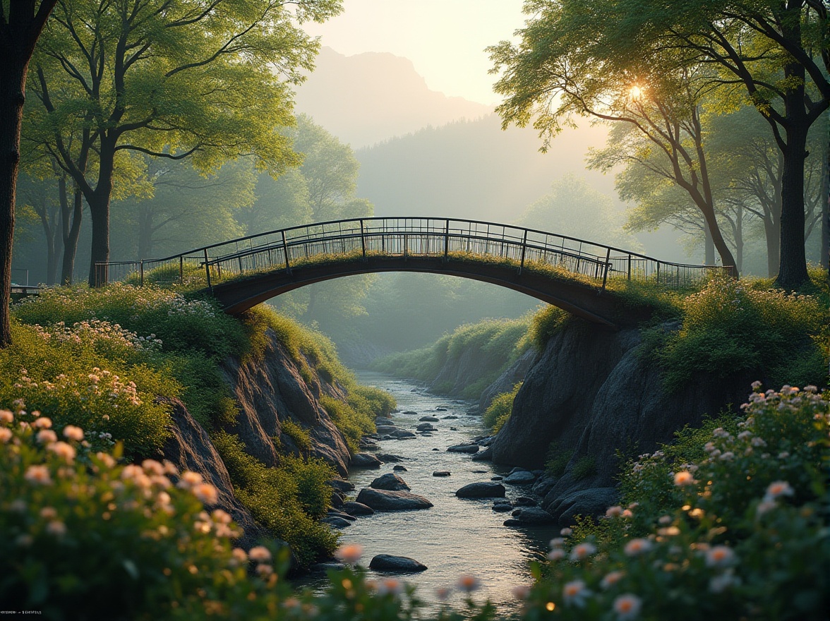 Prompt: Modern pedestrian bridge, curved steel structure, wooden plank walkway, greenery-covered railing, connecting two hilltops, vibrant summer flowers, lush trees, winding stream, serene park landscape, gentle sunlight filtering through foliage, misty atmosphere, warm ambient light, cinematic composition, 3/4 view angle, slight blur effect.