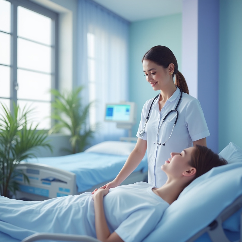 Prompt: Lavender blue healthcare facility, modern hospital interior, calming ambiance, soft lavender blue walls, white furniture with blue accents, natural light pouring through large windows, green plants scattered throughout, gentle curves and rounded edges, soothing atmosphere, medical equipment with metallic sheen, nurse in crisp white uniform, stethoscope around neck, warm smile, comforting posture, gentle hand on patient's shoulder, patient lying comfortably in bed, subtle wood texture, calming sound effects, peaceful background music, serene composition, shallow depth of field, soft focus, warm lighting.