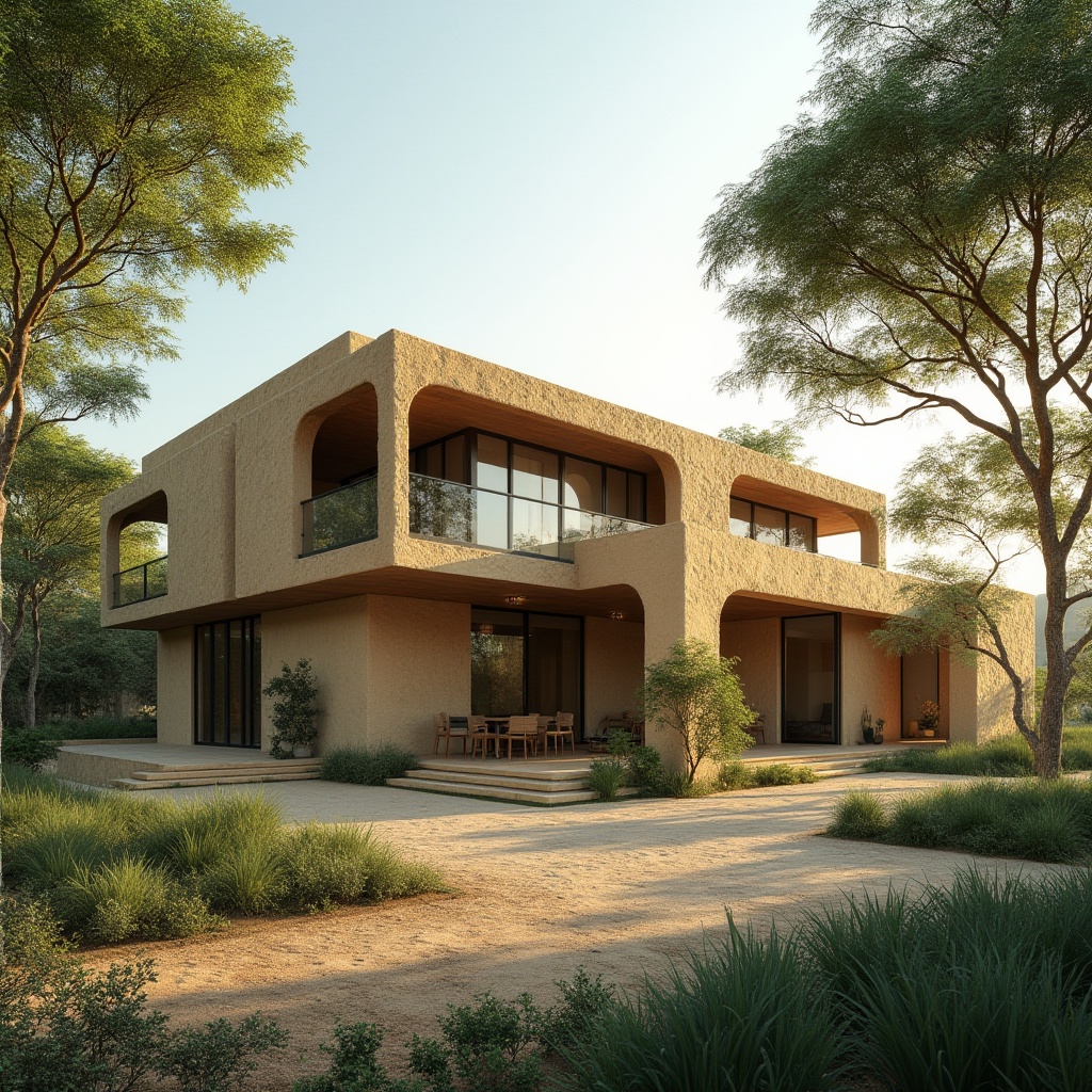 Prompt: Rammed earth structure, sustainable design, eco-friendly material, natural texture, rough unfinished surface, earthy color tone, modern architecture, green building, villa, residential area, trees surrounding, lush vegetation, warm sunlight, soft shadows, 3/4 composition, ambient lighting, depth of field, realistic rendering.